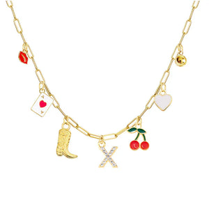 Boho Red Lips Cherry Heart Letter Charm Necklace Gold Plated Boots Crystal Initials Necklaces Cowgirl Beach Jewelry X