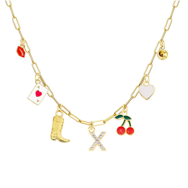 Boho Red Lips Cherry Heart Letter Charm Necklace Gold Plated Boots Crystal Initials Necklaces Cowgirl Beach Jewelry X