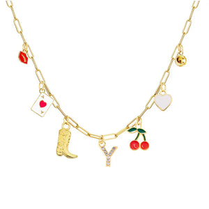Boho Red Lips Cherry Heart Letter Charm Necklace Gold Plated Boots Crystal Initials Necklaces Cowgirl Beach Jewelry Y