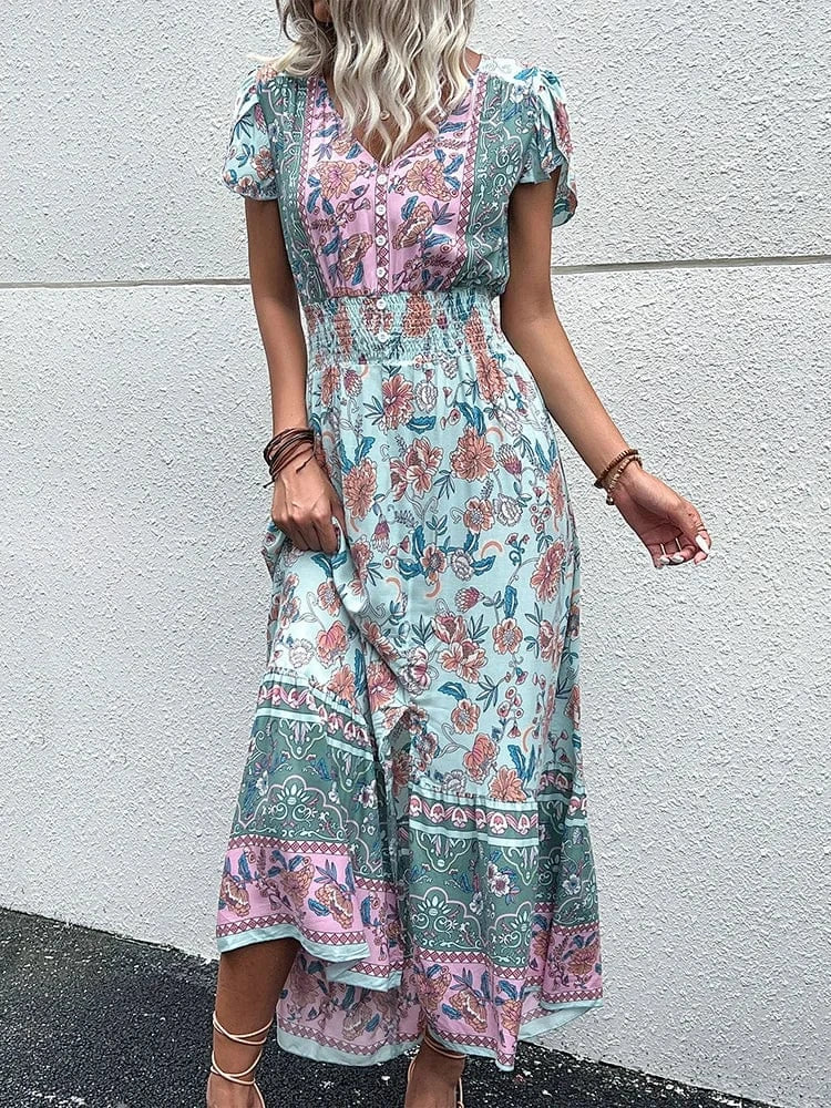 Boho sommarklänning dam med blommigt tryck Grön / S