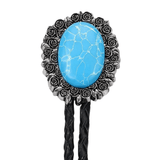 Bolo tie i äkta läder med vintageblomma och steninfattning Himmelsblå