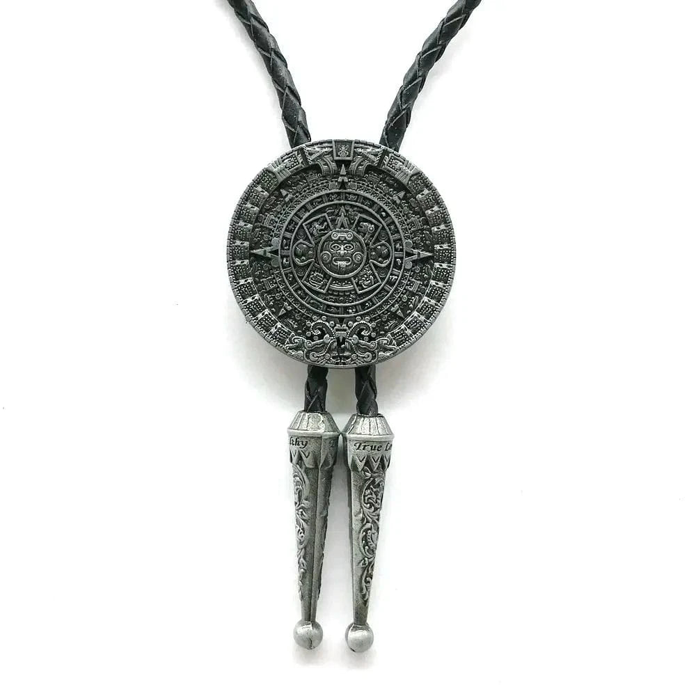Bolo tie i aztekisk design med genuint läder Silver