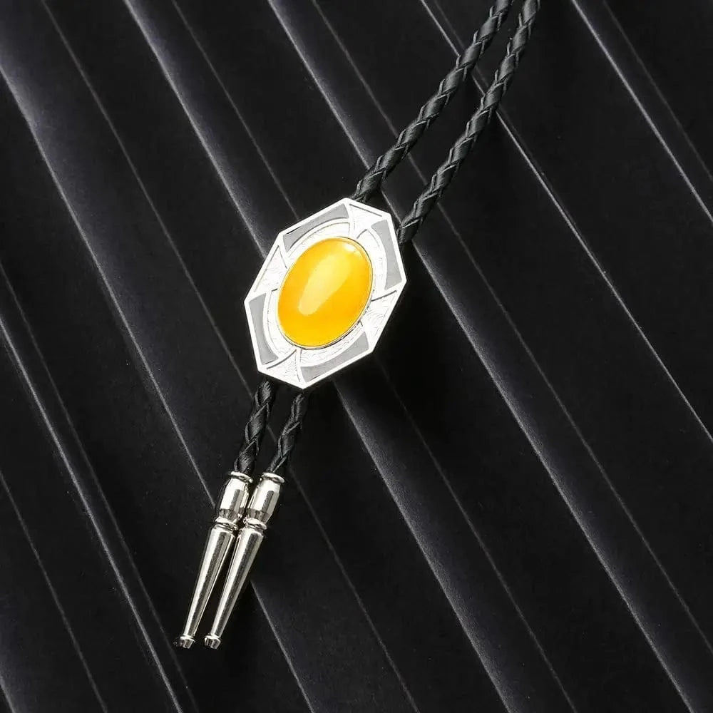 Bolo tie i läder med sexkantig ram och färgad sten