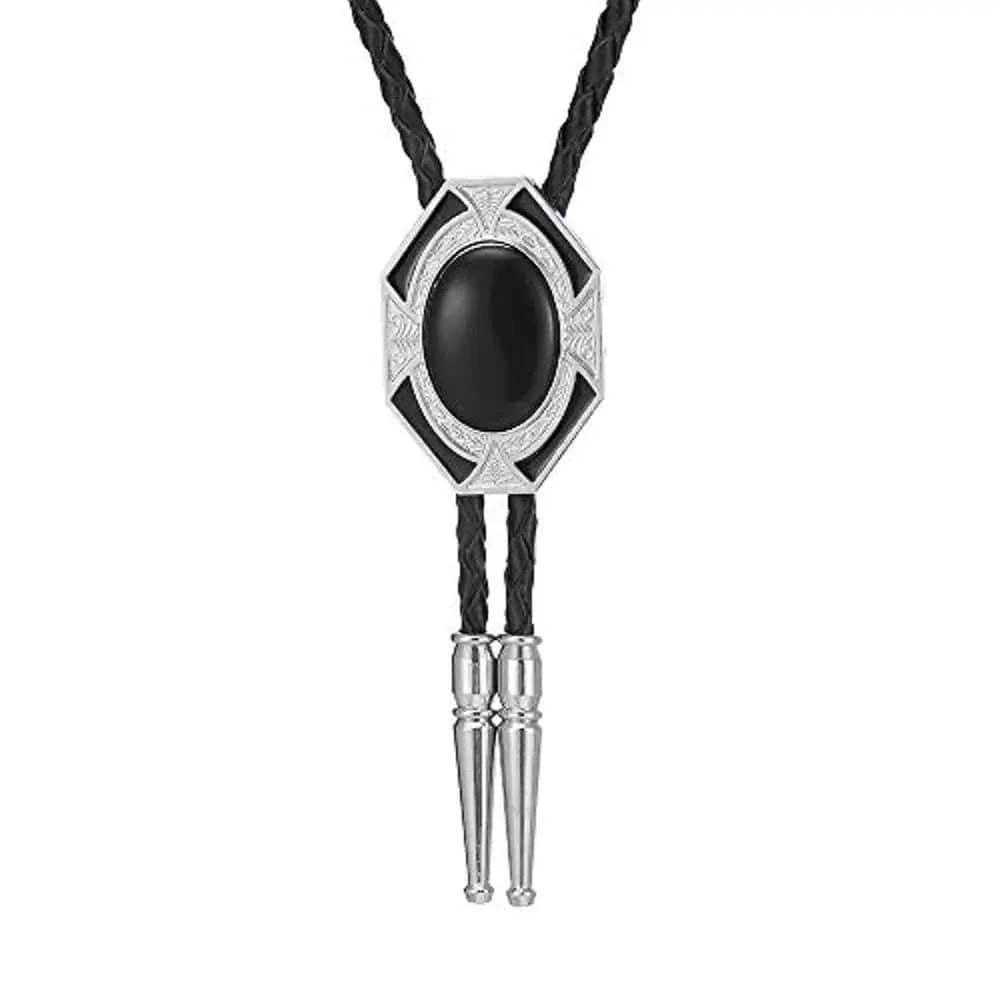 Bolo tie i läder med sexkantig ram och färgad sten Svart