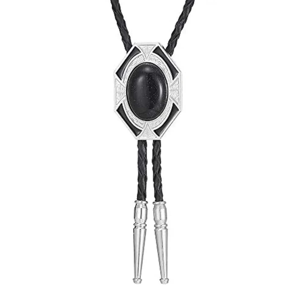 Bolo tie i läder med sexkantig ram och färgad sten Svart 2