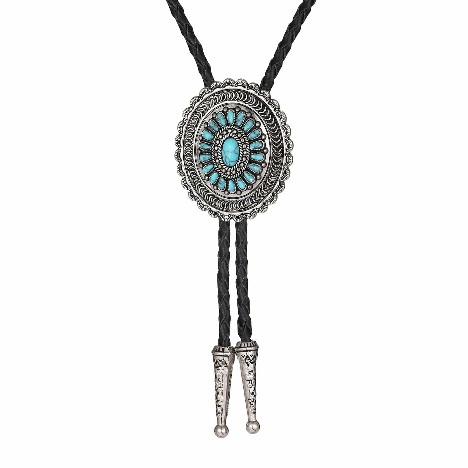 Bolo tie i solrosformad metallram och turkos sten Turkosblå