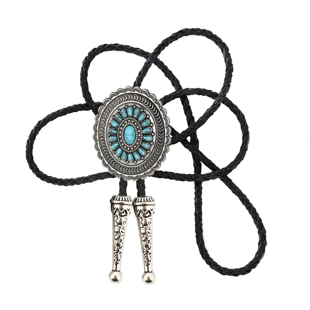 Bolo tie i solrosformad metallram och turkos sten Turkosblå