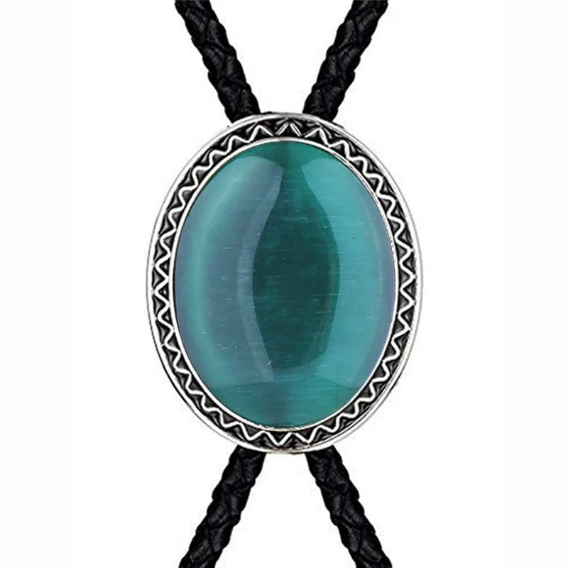Bolo tie med blå glaskattöga och flätat lädersnöre Blå