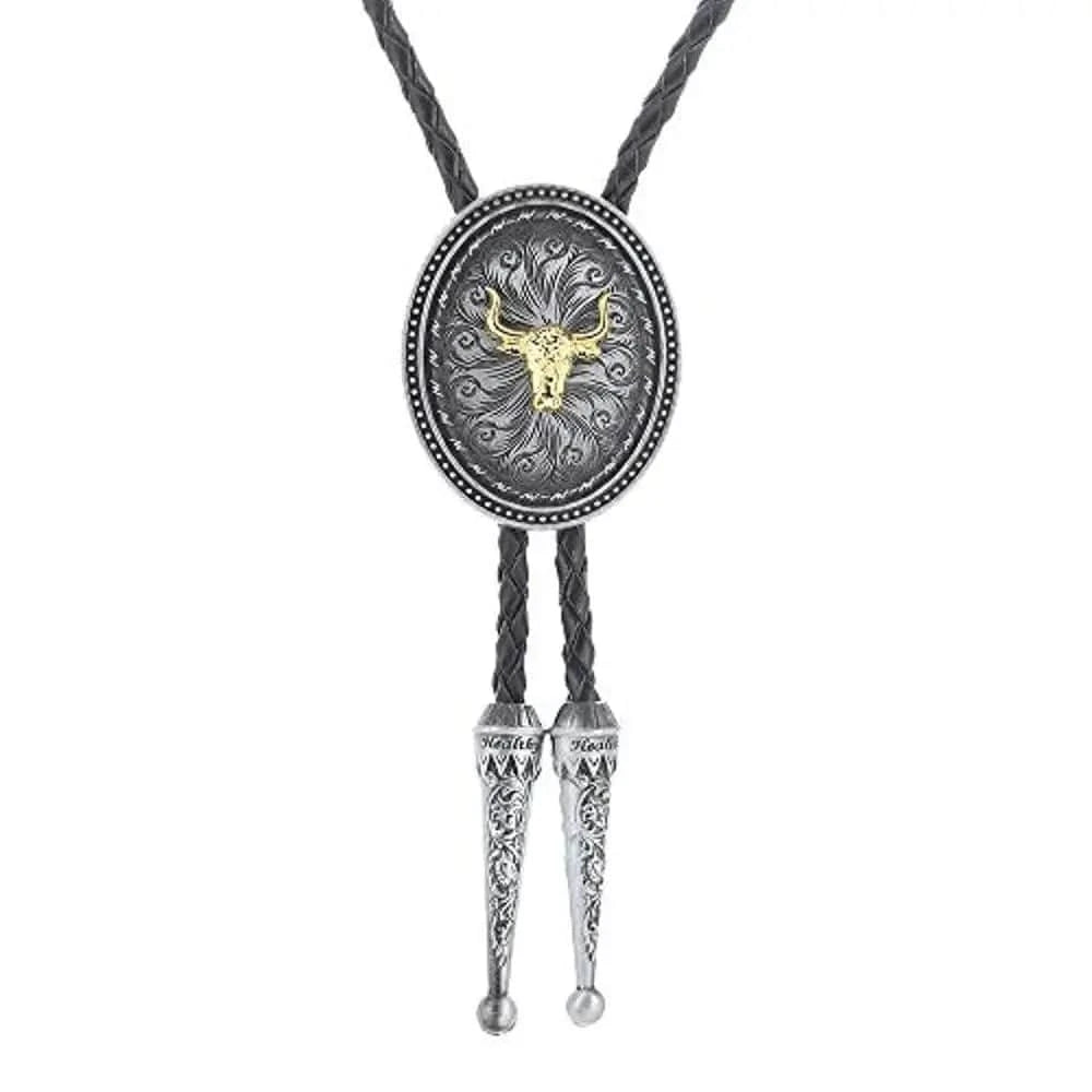Bolo tie med guldfärgat djurhuvud Silver guld tjurhuvud