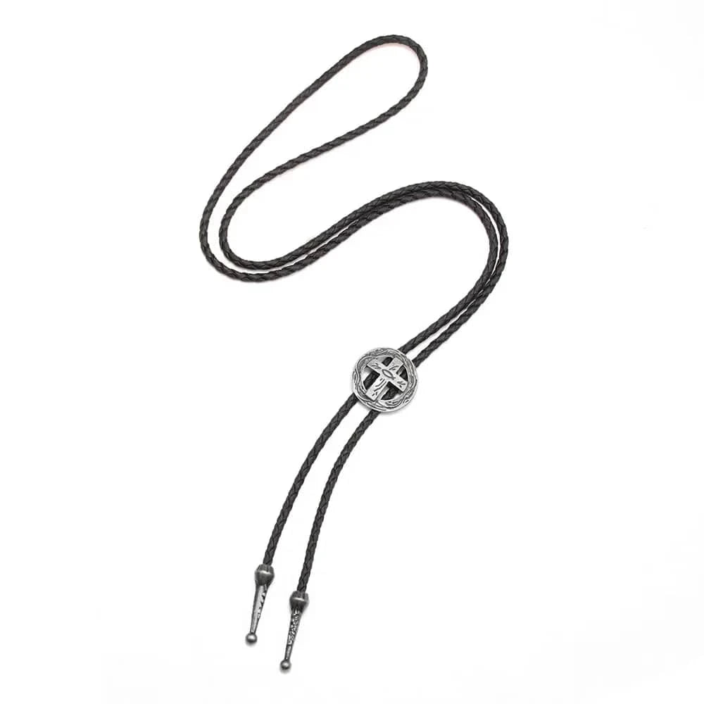 Bolo tie med kors i retro metall Antiksilver