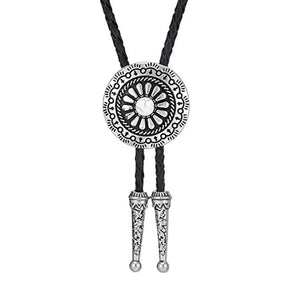 Bolo tie med runt metallhänge och lädersnöre Vit