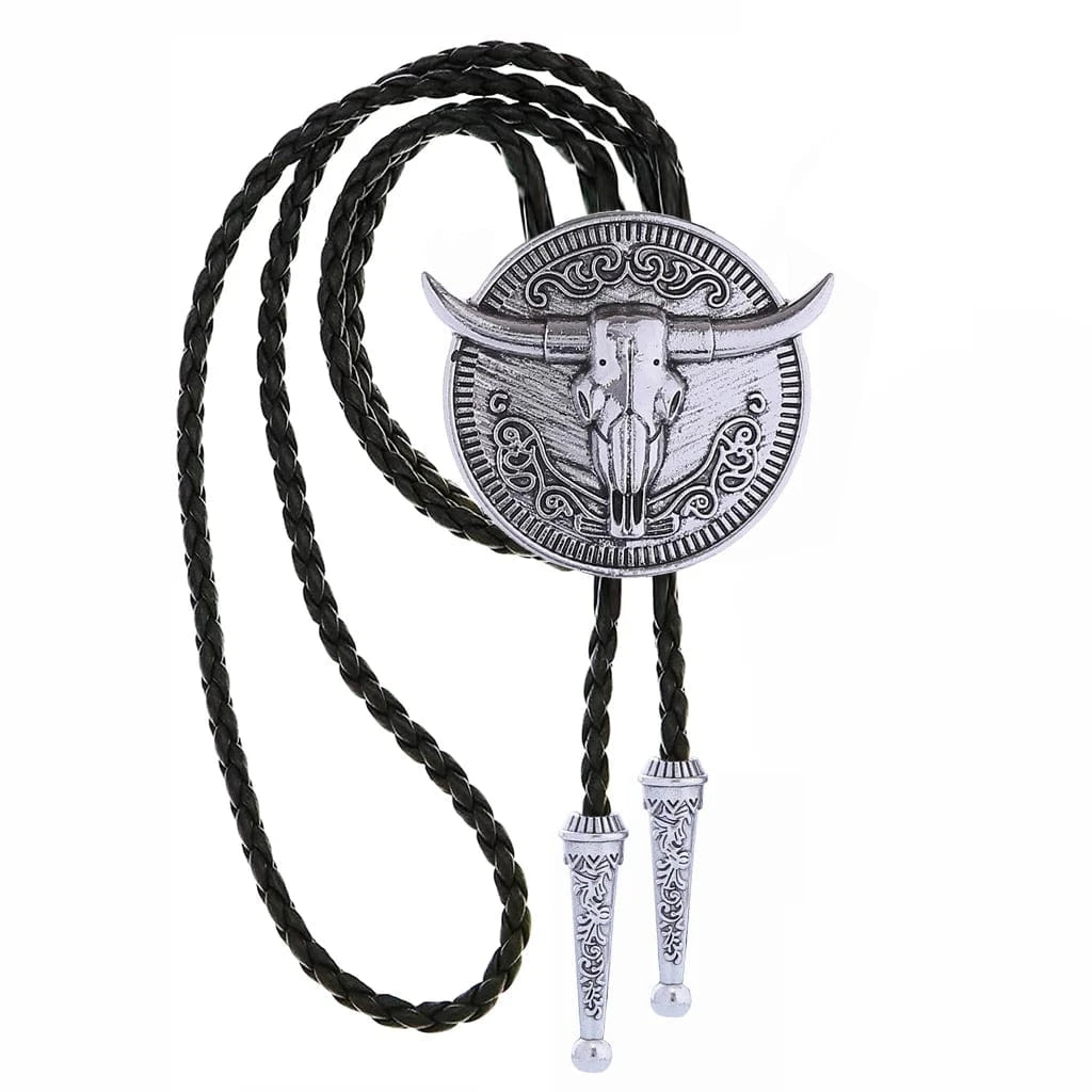 Bolo tie med tjurhuvud med långt horn Antiksilver