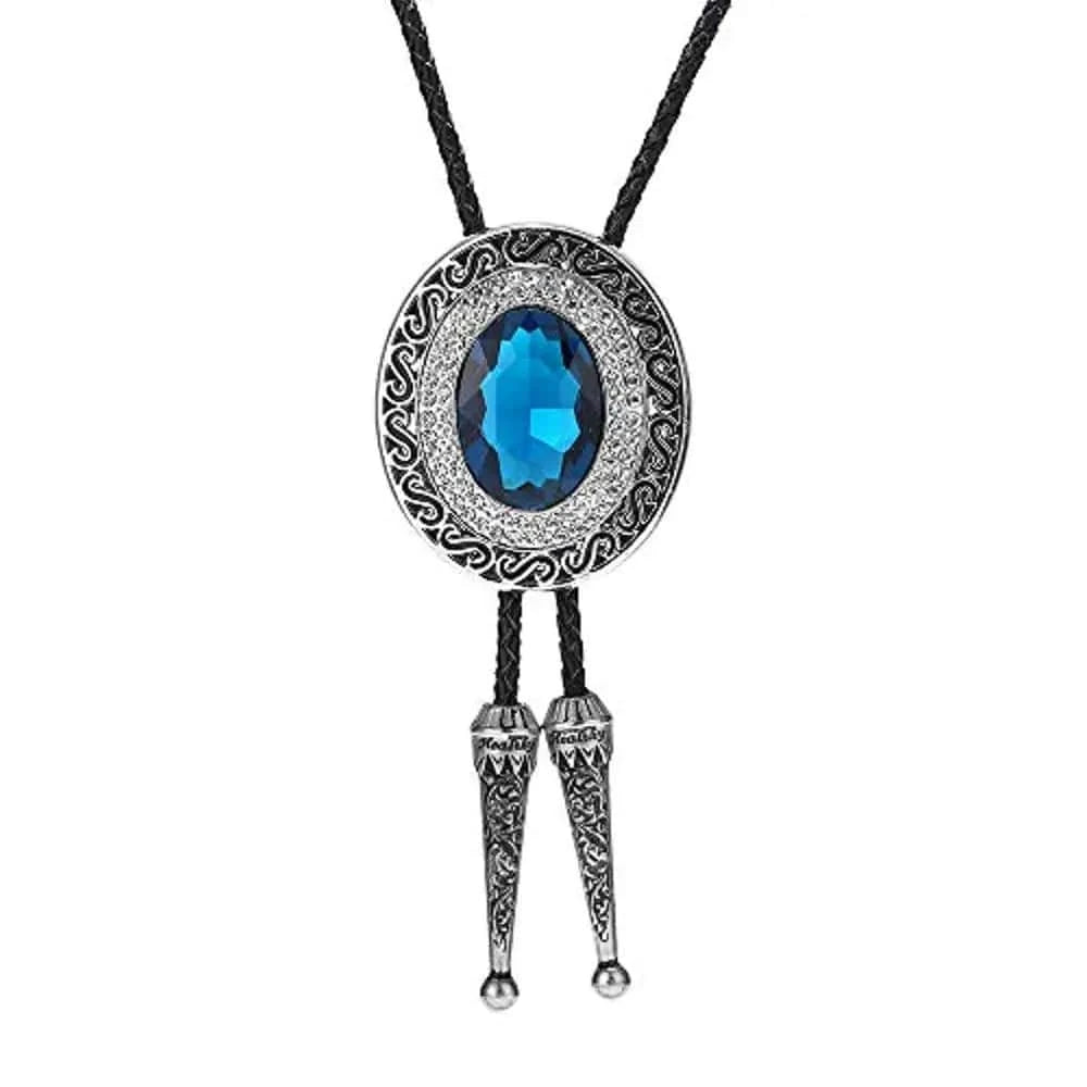 Bolo tie rund med blå rhinestone och flätad läderrem Blå