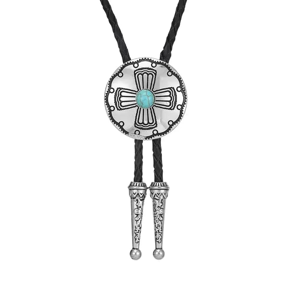 Bolo tie rund med korsdetalj och sten Blå