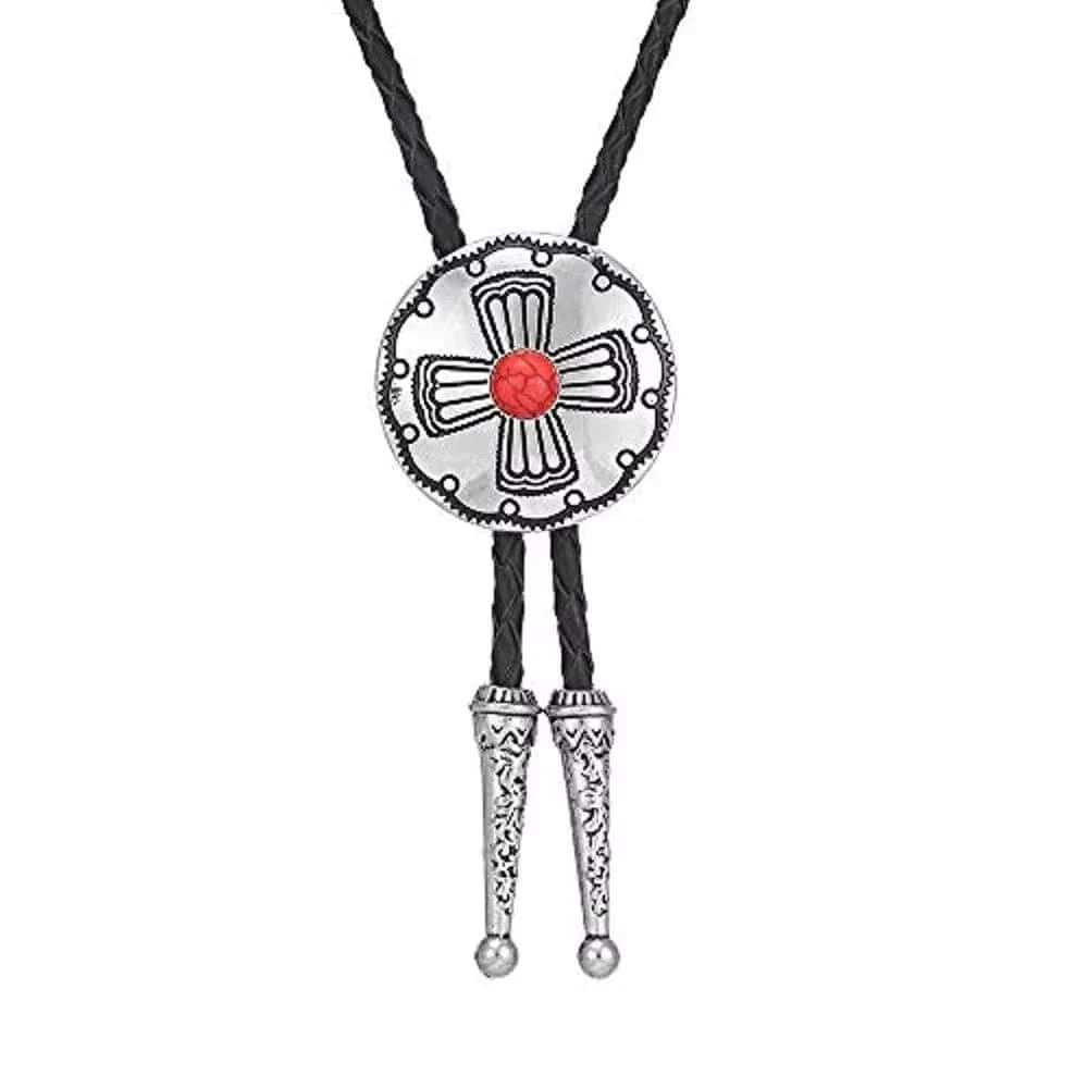 Bolo tie rund med korsdetalj och sten Röd