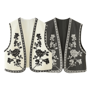 Broderad Dam Väst med Blommönster Svartvit Vintage Crop
