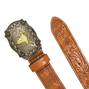 Brunt Cowboybälte i Präglat Läder med Långhornsspänne