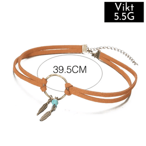 Choker i mocka med fjädrar och turkos Ljusbrun