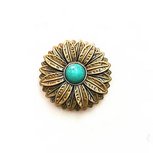 Concho i Mässing med Tribal Solblomma och Färgsten Antikguld och grön / 30mm