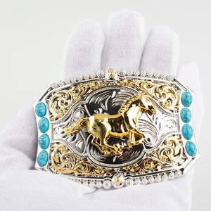 Cowboy-bältespänne med häst i guld och turkoser