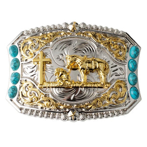 Cowboy-bältespänne med häst i guld och turkoser Kors och häst