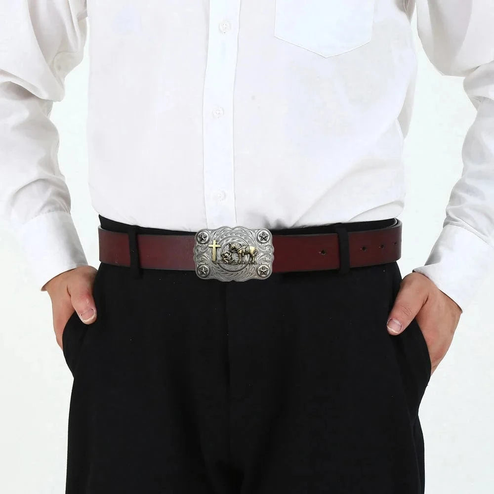 Cowboy Bältesspänne Böjande Man Kors Silver