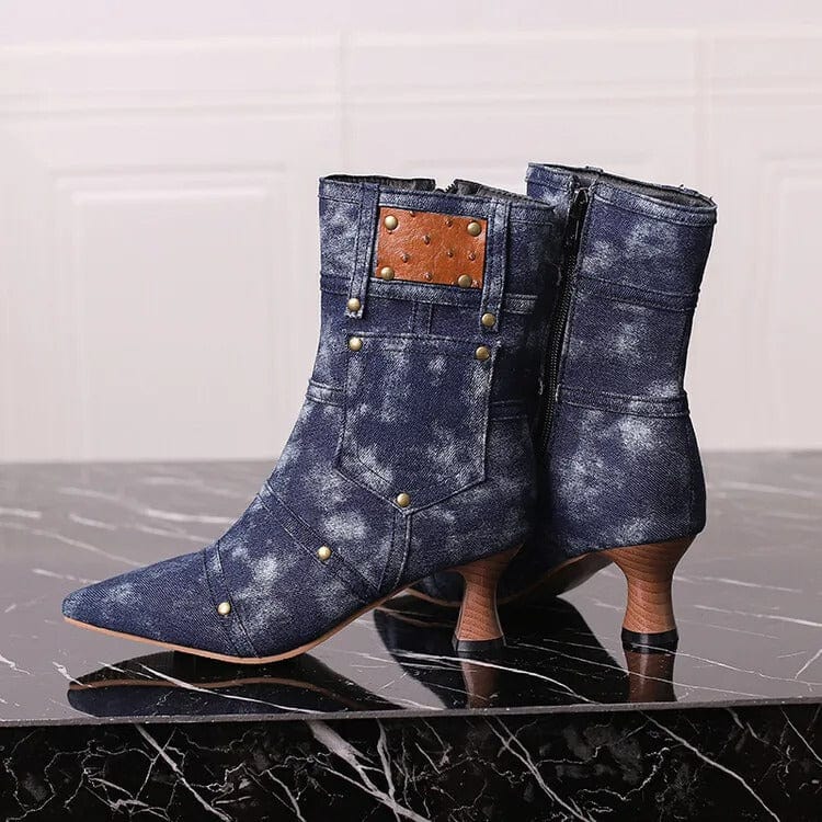 Cowboy stövletter i denim med ficka och nitar