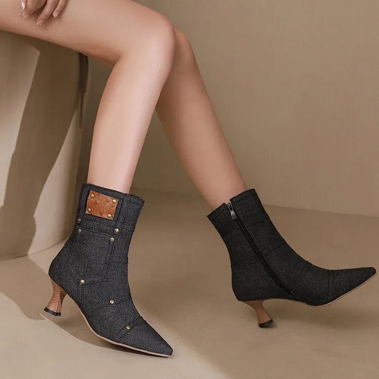 Cowboy stövletter i denim med ficka och nitar