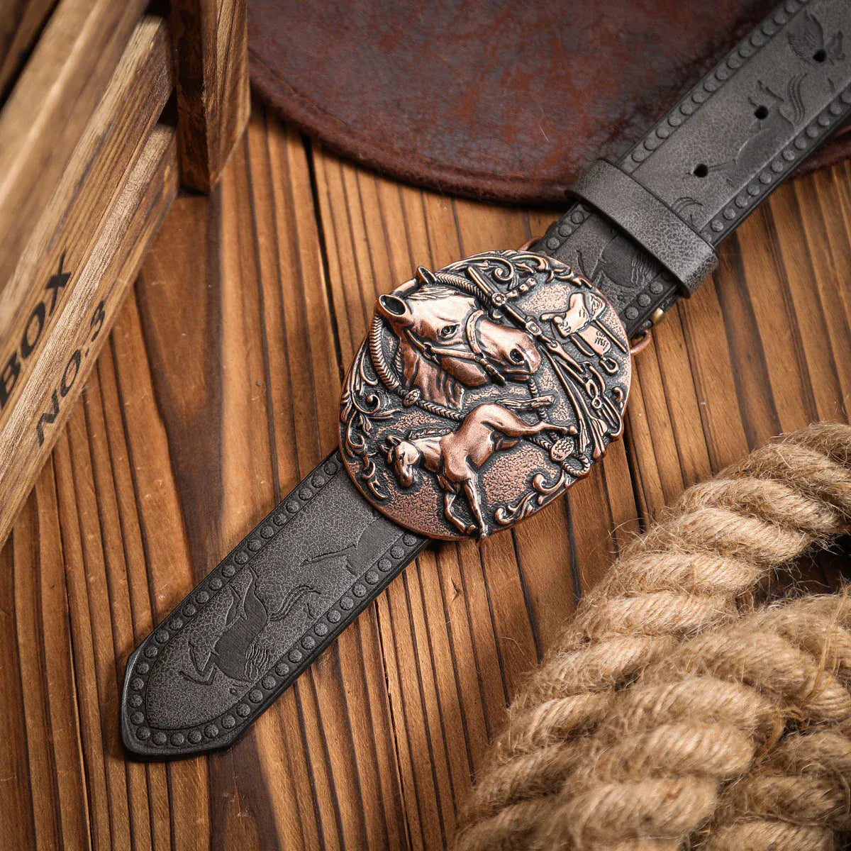 Cowboybälte antikbrons hästspänne