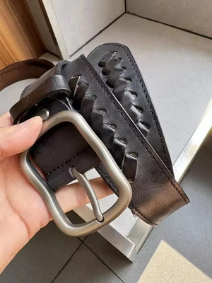 Cowboybälte i Handgjort Flätat Läder med Klassisk Spänne