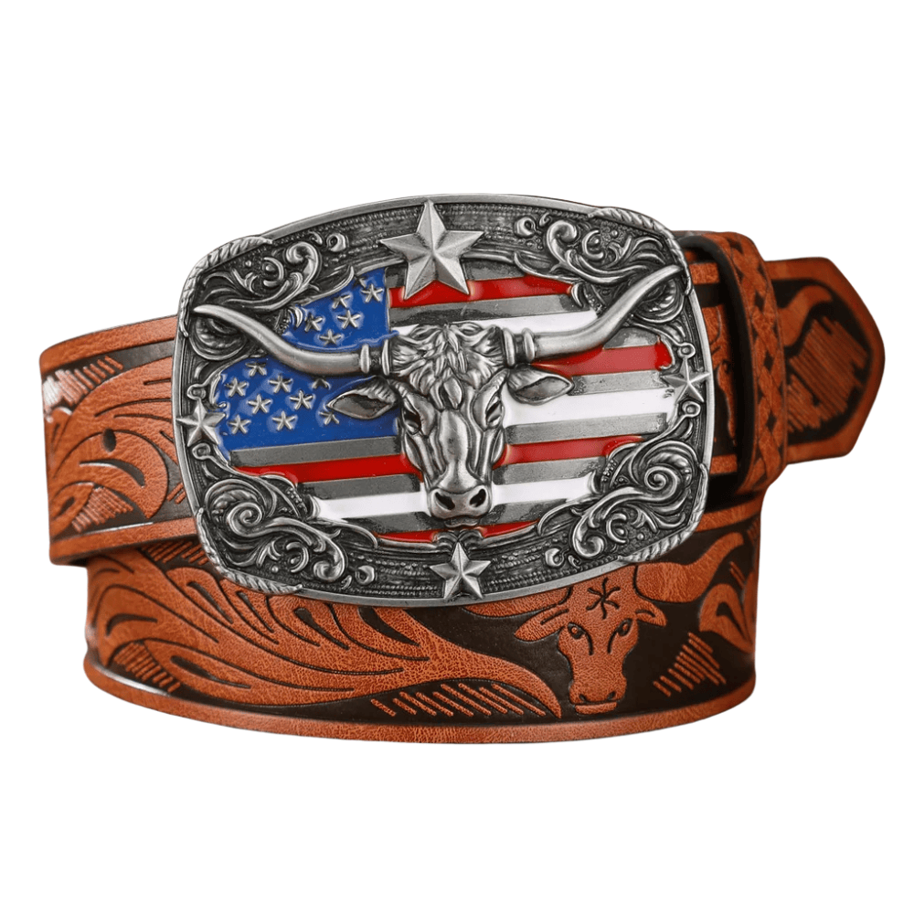 Cowboybälte med amerikansk flagga och Tjurspänne Silver brun / 120cm