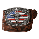 Cowboybälte med amerikansk flagga och Tjurspänne Silver Mörkbrun / 120cm