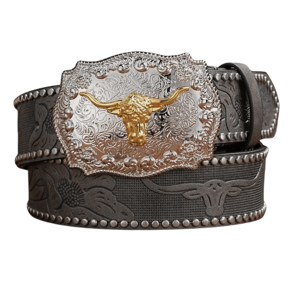 Cowboybälte med gyllene tjurhuvud Grå / 120cm