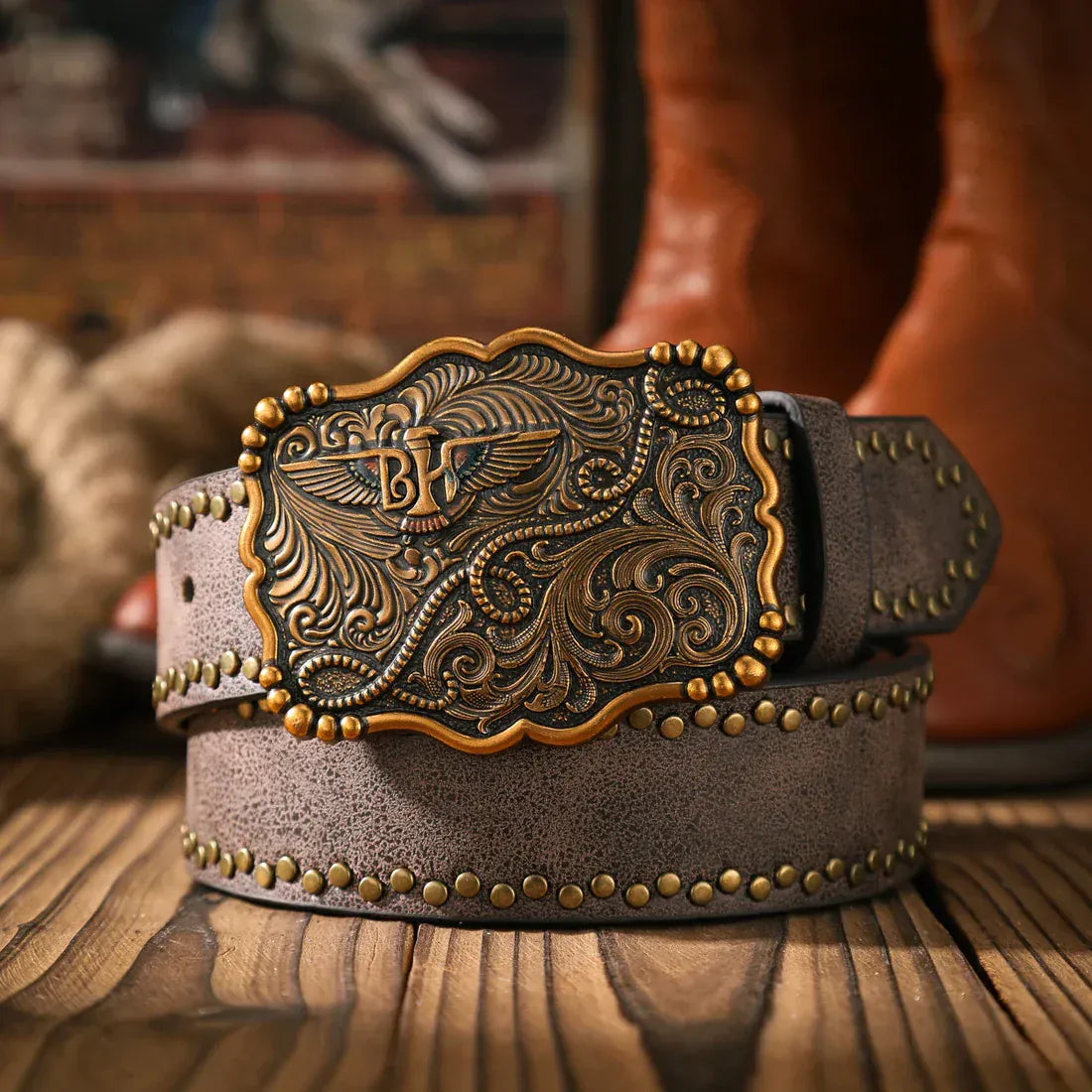 Cowboybälte med vintage spänne Brun Guld / 120cm