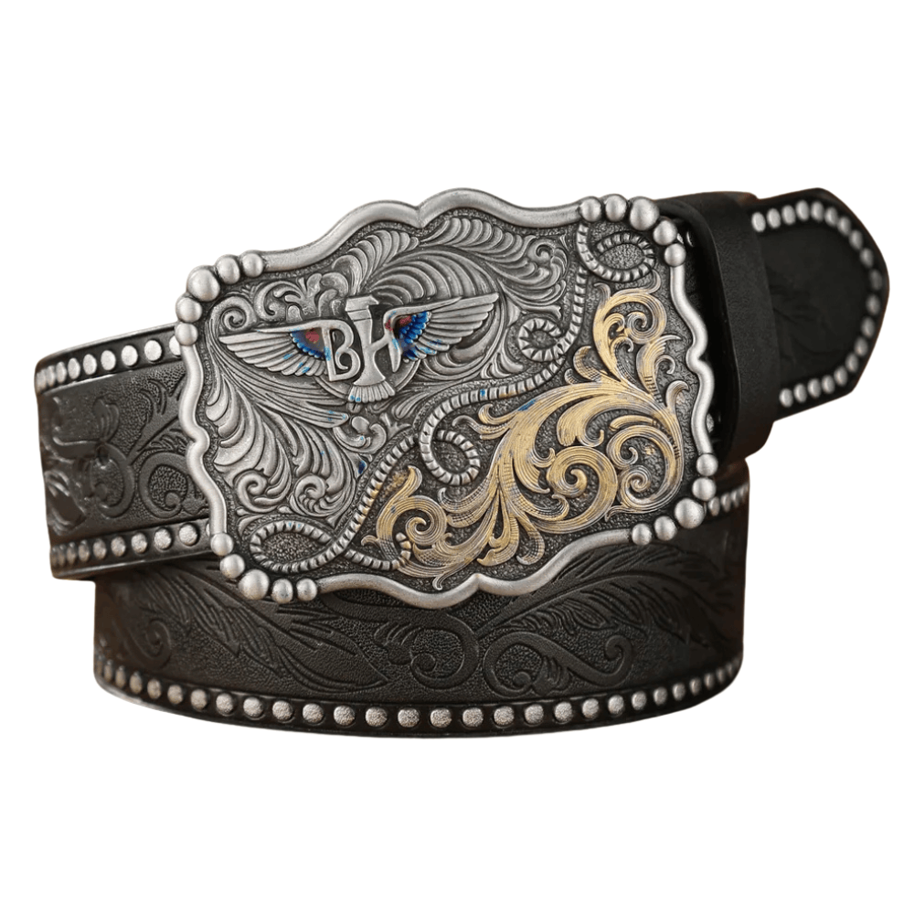 Cowboybälte präglad gravyr Silver Svart / 120cm