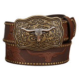 Cowboybältet med graverat longhornsspänne Mörkbrun / 120cm