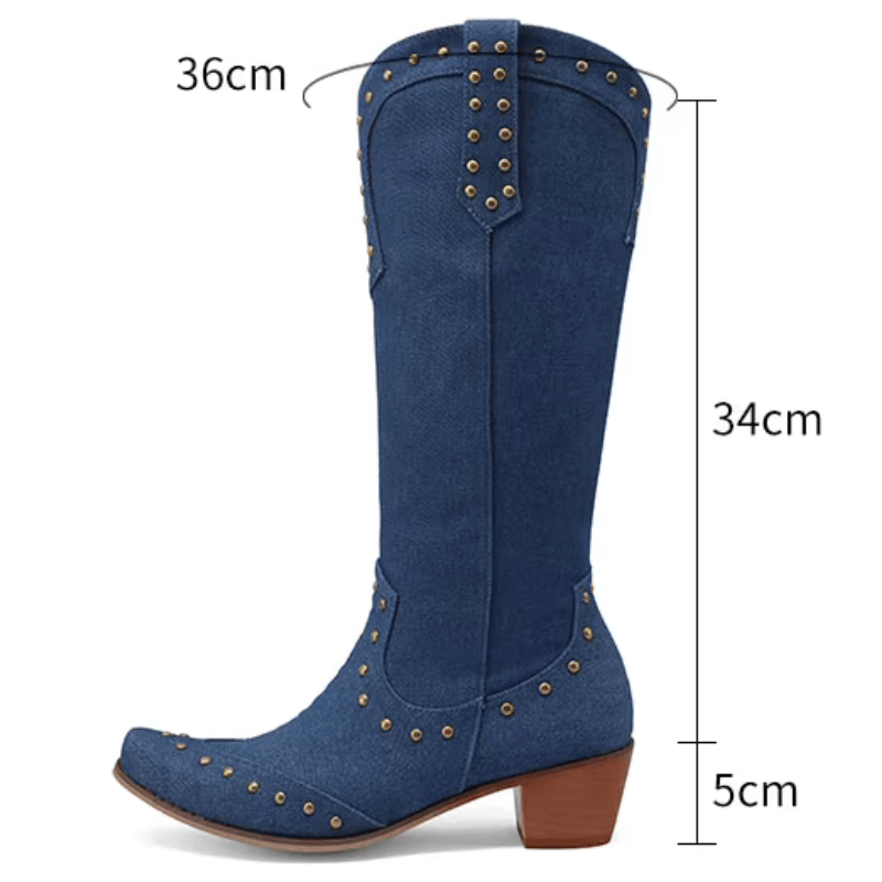 Cowboyboots Denim med Nitar och Blockklack