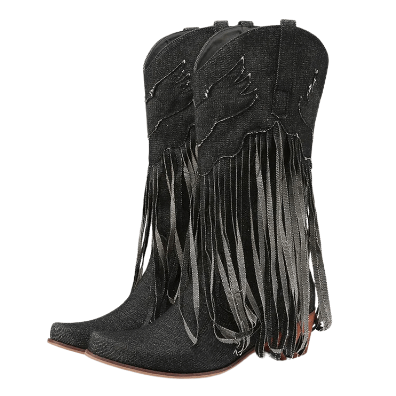 Cowboyboots i denim med fransar och blockklack
