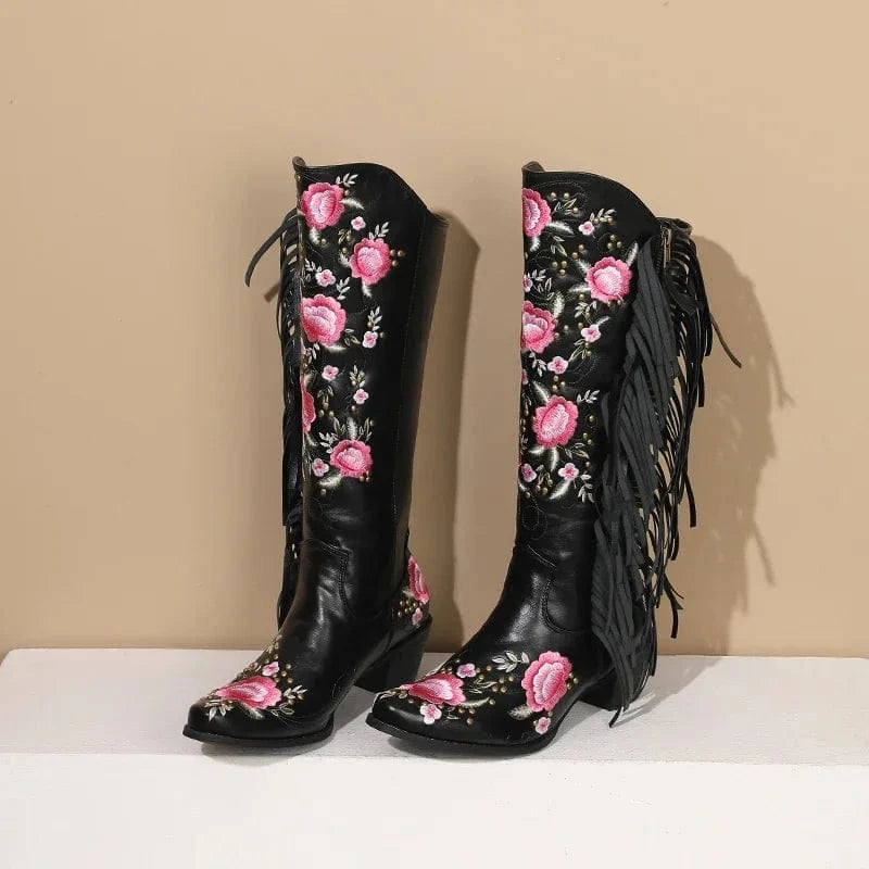 Cowboyboots med blombroderi och fransar