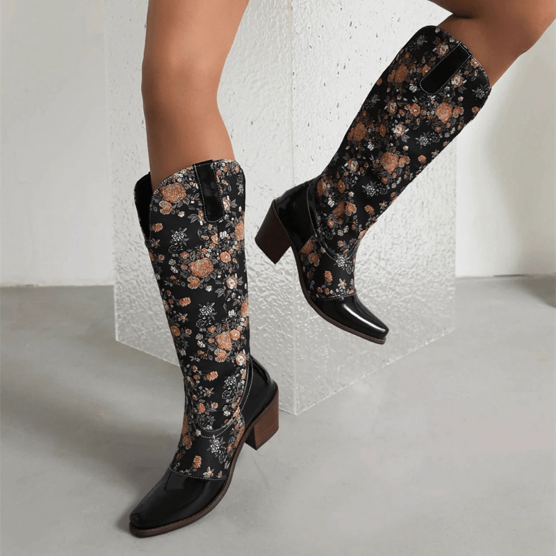 Cowboyboots med Blommönster och Fyrkantig Klack