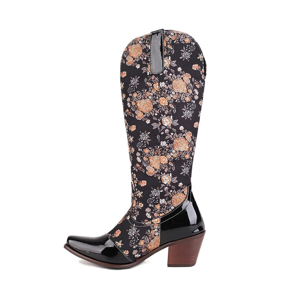 Cowboyboots med Blommönster och Fyrkantig Klack Svart-Gul / 35