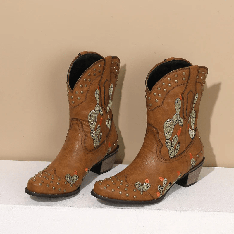 Cowboyboots med Kaktusbroderi och Nitar för Dam
