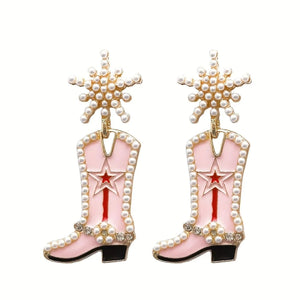 Cowboyboots-örhängen med pärlor och snöflinga Rosa