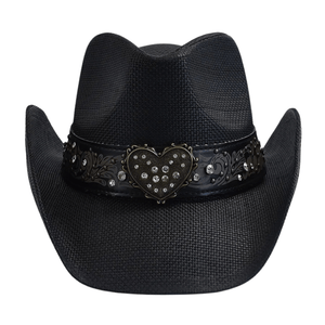 Cowboyhatt i svart flätad halmlook med hjärtspänne Svart / One Size