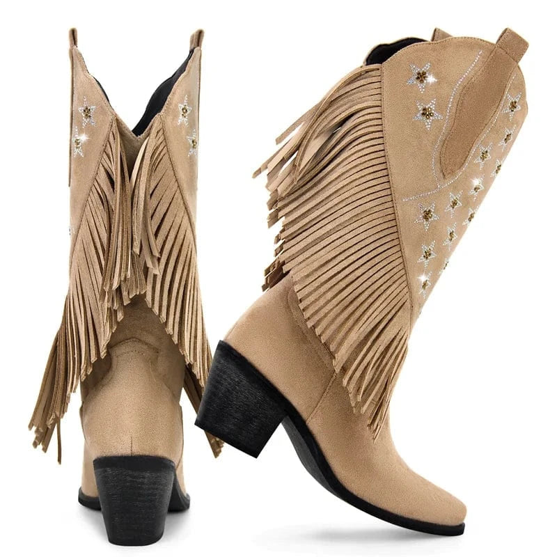 Cowgirl Boots med Amerikansk Flagga och Fransar