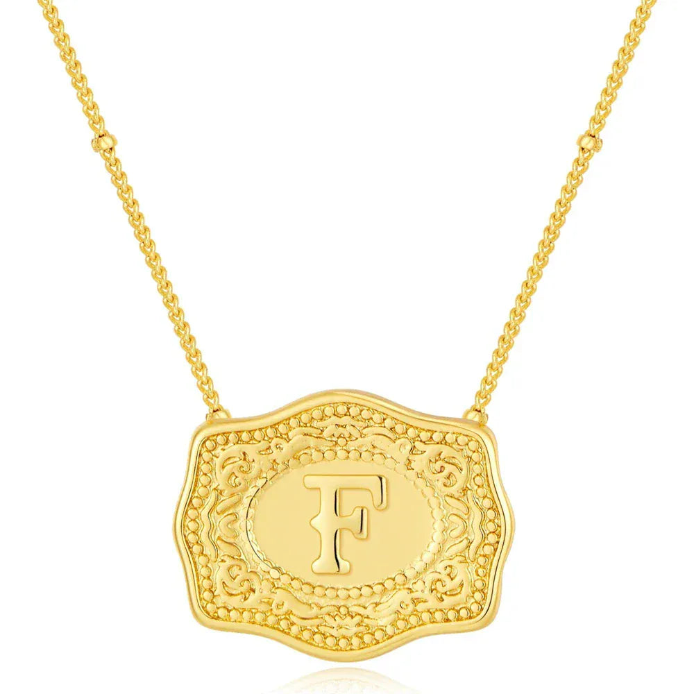 Embossed Belt Buckle Pendant Necklace for Men Punk Jewelry Gold Color A-Z Initial Letter Necklaces Women Western Jewelry Gift F / Silver / CHINA