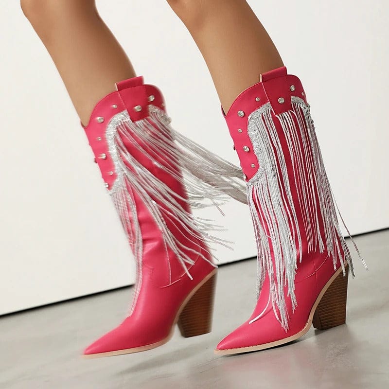 Fransiga Cowboyboots i Glansig Läderlook med Kilklack