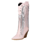 Fransiga Cowboyboots i Glansig Läderlook med Kilklack RosaLjusrosa / 35