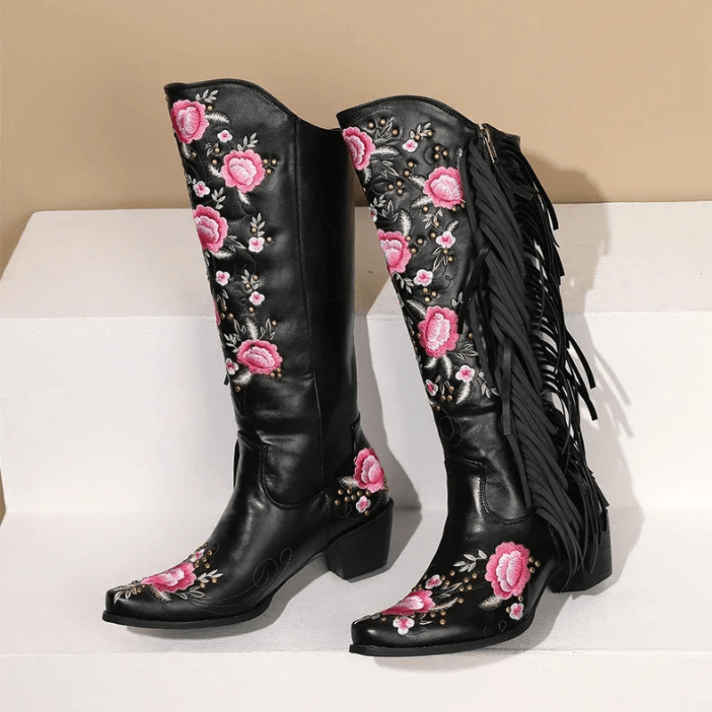 Höga Cowboyboots med Blomsterbroderi och Fransar