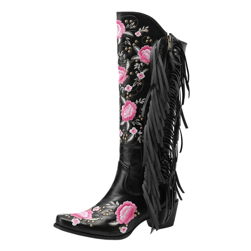 Höga Cowboyboots med Blomsterbroderi och Fransar Svart / 35
